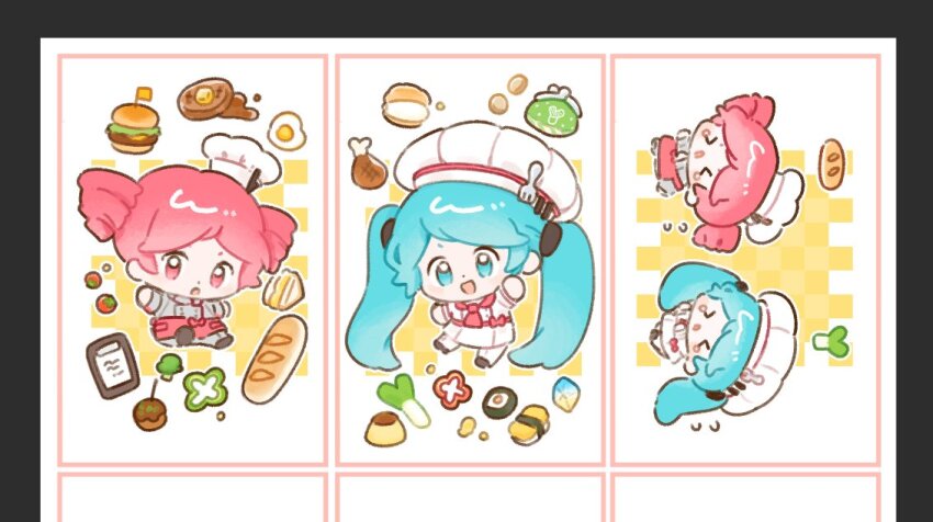 &gt;_&lt; alternate_costume alternate_hairstyle apron baguette black_shoes bread broccoli brocon burger chef_hat chibi chibi_only clone commentary_request dress drill_hair flying_sweatdrops food fried_egg grey_pants grey_shirt hat hatsune_miku kasane_teto korea mini_chef_hat obsolete_meat_(vocaloid) pants red_apron red_eyes red_hair shirt shoes spring_onion sushi tears twin_drills utau vocaloid waffle waist_apron wandu_mook wasabi white_background white_dress white_hat white_pants yellow_background