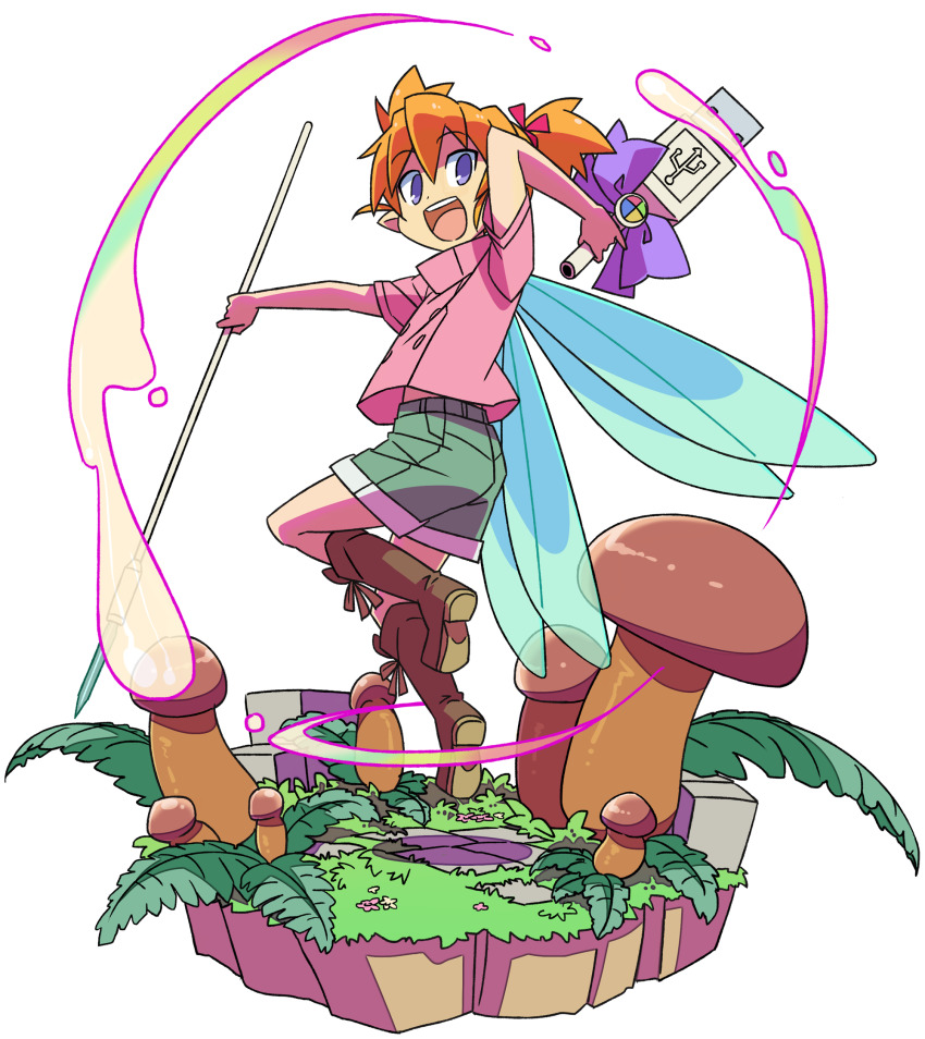 1girl :d arm_behind_head blue_eyes boots brown_boots ce-tan fairy floating from_behind full_body highres knee_boots looking_at_viewer mushroom open_mouth orange_hair os-tan polearm roku_no_hito shorts simple_background smile solo spear twintails weapon white_background