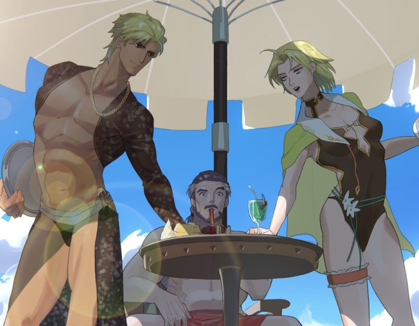 1girl 2boys alternate_costume bare_pectorals beach_umbrella beard blonde_hair breasts cape cleavage commentary_request day duessel_(fire_emblem) facial_hair fire_emblem fire_emblem:_the_sacred_stones glen_(fire_emblem) gold_necklace green_eyes jewelry male_swimwear multicolored_hair multiple_boys mustache necklace nintendo official_alternate_costume one-piece_swimsuit outdoors pectorals selena_(fire_emblem:_the_sacred_stones) selena_(summer)_(fire_emblem:_the_sacred_stones) sky streaked_hair swim_trunks swimsuit thigh_strap two-tone_hair umbrella velnar31