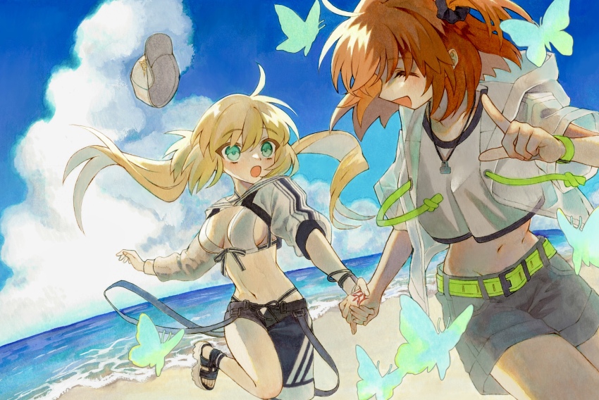 2girls ahoge artoria_caster_(fate) artoria_caster_(swimsuit)_(fate) artoria_caster_(swimsuit)_(first_ascension)_(fate) artoria_caster_(swimsuit_berserker)_(fate) artoria_caster_(swimsuit_berserker)_(first_ascension)_(fate) artoria_pendragon_(fate) asymmetrical_clothes baseball_cap beach belt bikini black_pants black_scrunchie black_shorts blue_sky breasts cleavage closed_eyes cloud command_spell commentary_request cropped_jacket day fate/grand_order fate_(series) floating_hair fujimaru_ritsuka_(female) fujimaru_ritsuka_(female)_(summer_street) green_belt green_eyes hair_ornament hair_scrunchie hat highres holding_hands index_finger_raised jacket karin_(salmonosushi) long_hair looking_at_another marker_(medium) medium_breasts midriff multiple_girls navel official_alternate_costume open_mouth orange_hair outdoors pants sand sandals scrunchie see-through_clothes see-through_jacket shirt short_hair short_sleeves shorts side_ponytail single_pantsleg sky smile stomach swimsuit toes traditional_media twintails unworn_hat unworn_headwear very_long_hair white_bikini white_jacket white_shirt