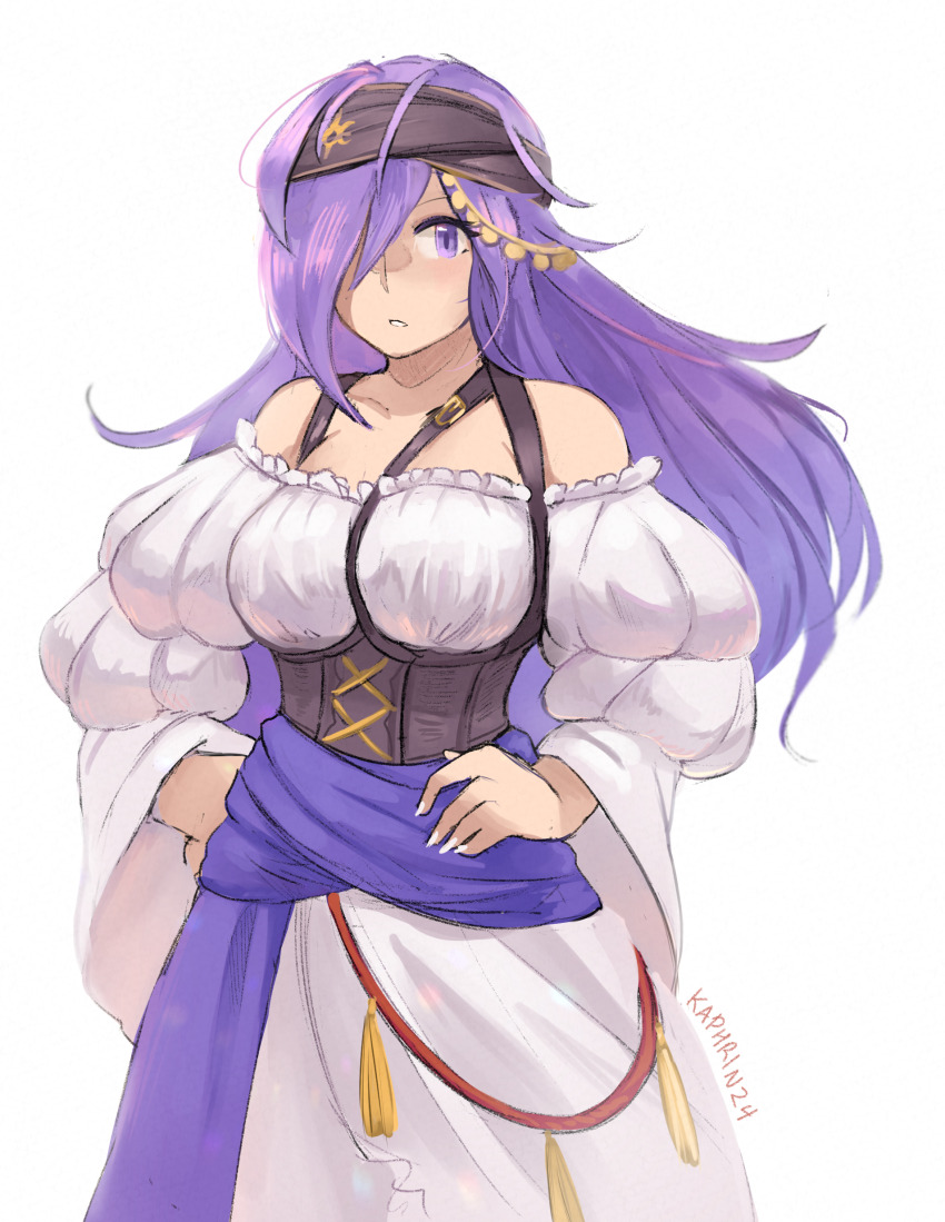 1girl absurdres camilla_(fire_emblem) camilla_(pirate)_(fire_emblem) commentary corset cowboy_shot dress fire_emblem fire_emblem_fates fire_emblem_heroes headscarf highres kaphrin long_hair long_sleeves looking_at_viewer nintendo off-shoulder_dress off_shoulder parted_lips purple_eyes purple_hair purple_sash sash solo standing very_long_hair white_dress wide_sleeves