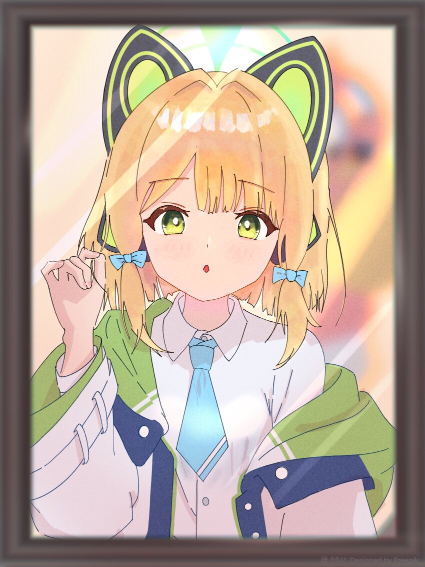 1girl absurdres animal_ear_headphones animal_ears aqua_bow aqua_necktie arm_at_side blonde_hair blue_archive blunt_bangs blunt_ends blurry blurry_background blurry_foreground bow breasts buttons cat_ear_headphones cat_ears collared_shirt commentary_request depth_of_field dot_nose f_luorit_e fake_animal_ears freepik green_eyes green_halo green_jacket hair_bow hair_intakes halo hand_up headphones highres hood hood_down hooded_jacket indoors jacket layered_sleeves light_blush long_sleeves looking_at_viewer low-tied_sidelocks medium_hair midori_(blue_archive) multicolored_jacket necktie open_clothes open_jacket parted_lips pinching_gesture school_uniform shirt sidelocks single_off_shoulder small_breasts solo straight-on tareme upper_body watermark white_jacket white_shirt wide_sleeves