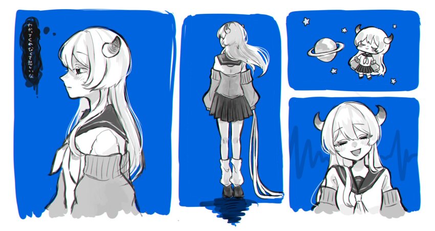 1girl blue_background cardigan_partially_removed cevio closed_mouth facing_away floating floating_hair greyscale_with_colored_background half-closed_eyes head_tilt highres horns isei_ni_ikou_ne_(cevio) kohaku_(otaku_koha) leg_warmers long_hair long_sleeves looking_at_viewer multiple_views neckerchief open_mouth planet planetary_ring pleated_skirt profile school_uniform serafuku shoes skirt smile speech_bubble standing star_(symbol) tentacle_arm thought_bubble translation_request