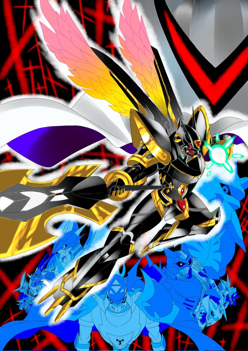 alphamon alphamon_ouryuken armor axe cape craniummon digimon digimon_(creature) digital_hazard dragon duftmon dukemon dynasmon energy examon full_armor gankoomon highres horns jesmon looking_at_viewer lordknightmon magnamon omegamon royal_knights sleipmon sword ulforcev-dramon weapon wings yggdrasill_(digimon) yggdrasill_7d6