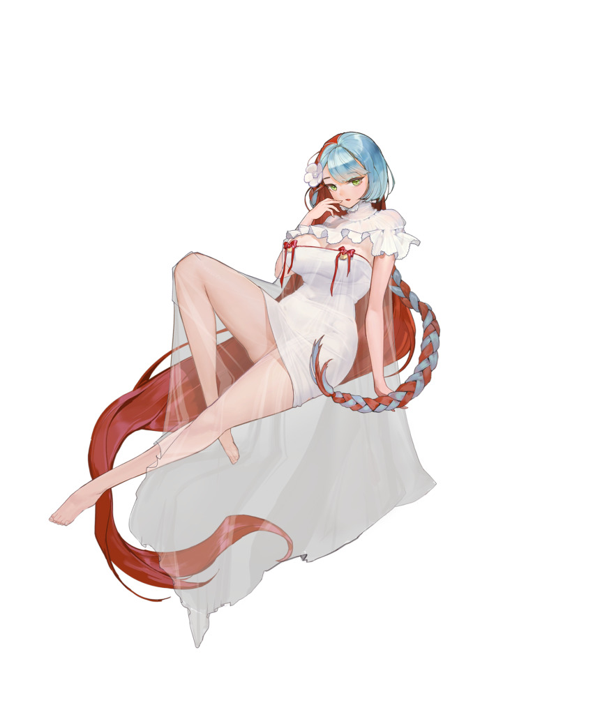 1girl absurdly_long_hair asymmetrical_bangs babydoll blue_hair braid breasts chain collar covered_navel dress finger_to_mouth floating flower frilled_collar frilled_dress frills full_body game_cg green_eyes hair_flower hair_ornament highres large_breasts last_origin light_blue_hair long_hair multicolored_hair neodym nightgown official_alternate_costume official_art open_mouth red_hair red_ribbon ribbon rorobomb see-through_clothes short_dress solo strapless strapless_dress swimsuit tachi-e taut_clothes taut_dress transparent_background two-tone_hair very_long_hair white_dress white_flower