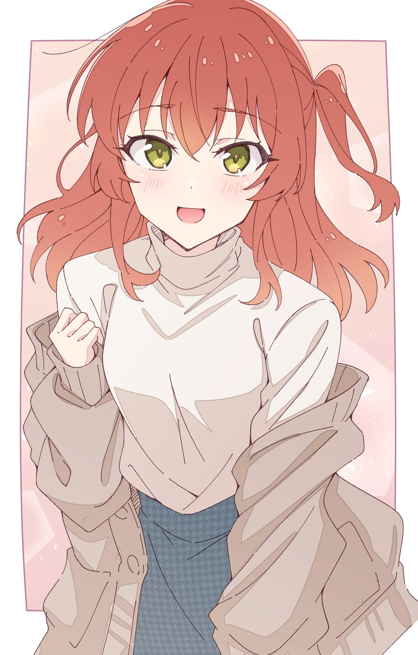 1girl :d blue_sky blush bocchi_the_rock! border brown_background brown_jacket commentary_request e20 green_eyes hair_between_eyes hand_up highres houndstooth jacket kita_ikuyo leaning_forward long_hair long_sleeves looking_at_viewer off_shoulder one_side_up open_clothes open_jacket open_mouth orange_background pinching_sleeves print_skirt puffy_long_sleeves puffy_sleeves red_hair skirt sky sleeves_past_wrists smile solo sweater turtleneck turtleneck_sweater white_border white_sweater