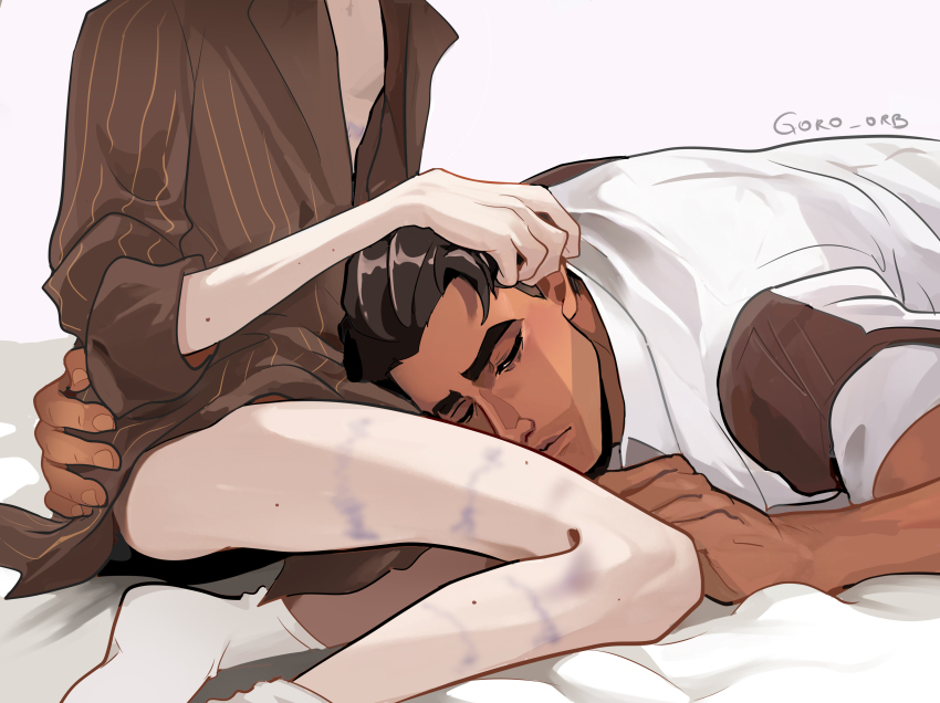 2boys absurdres arcane:_league_of_legends arcane_jayce arm_around_waist bottomless brown_hair brown_shirt commentary dark-skinned_male dark_skin goro_orb hand_on_another&#039;s_head head_out_of_frame highres jayce_(league_of_legends) lap_pillow lapels league_of_legends male_focus multiple_boys pinstripe_pattern pinstripe_shirt shirt short_hair simple_background sitting sleeve_cuffs socks thick_eyebrows twitter_username vest viktor_(arcane) viktor_(league_of_legends) white_background white_socks white_vest yaoi
