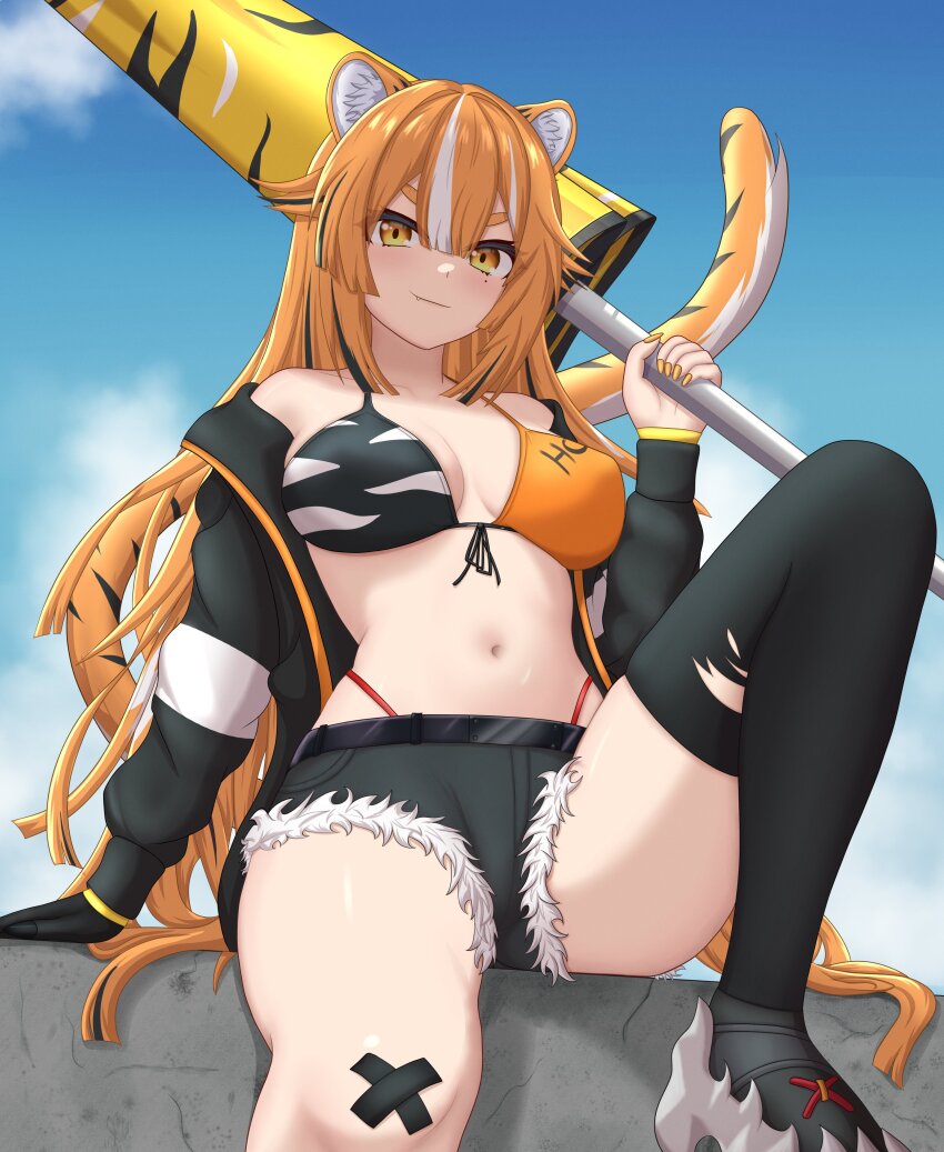 1girl absurdres animal_ears arm_support asymmetrical_legwear bandage_on_knee beach_umbrella bikini bikini_under_clothes black_hair black_thighhighs breasts cloud cloudy_sky concrete_wall cutoffs day denim denim_shorts front-tie_bikini_top front-tie_top halterneck highleg highleg_bikini highres holding holding_umbrella indie_virtual_youtuber jacket large_breasts leg_up long_hair long_sleeves looking_at_viewer multicolored_hair nail_polish navel open_clothes open_jacket orange_eyes orange_hair original outdoors shoes short_shorts shorts single_thighhigh sitting_on_wall sky smile solo streaked_hair swimsuit tail tenko_(winged_assessin) thick_eyebrows thighhighs tiger_ears tiger_girl tiger_tail torn_clothes torn_shorts torn_thighhighs umbrella virtual_youtuber white_hair