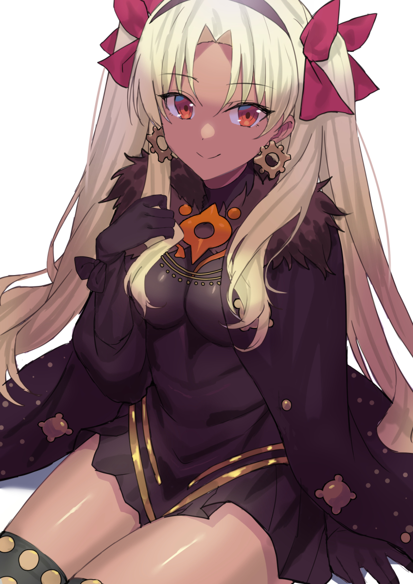 1girl beppu_mitsunaka black_cape black_dress black_gloves black_thighhighs blonde_hair breasts cape dark-skinned_female dark_skin dress earrings ereshkigal_(fate) ereshkigal_alter_(fate) fate/grand_order fate_(series) fur-trimmed_cape fur_trim gloves hair_ribbon highres hoop_earrings jewelry long_hair long_sleeves looking_at_viewer medium_breasts parted_bangs red_eyes ribbon sitting smile solo thighhighs thighs tiara two_side_up