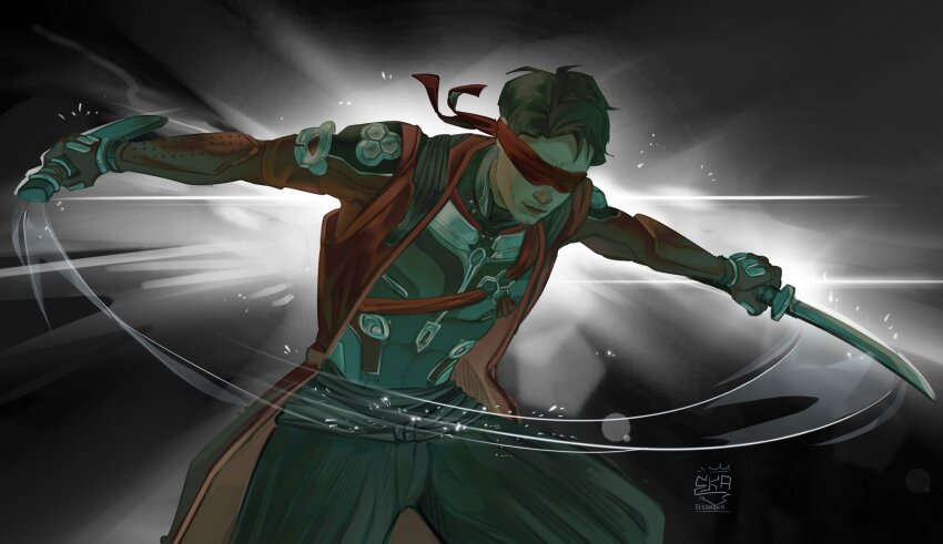 1boy artist_logo belt black_gloves black_hair black_pants blindfold chest_belt closed_mouth coat commentary drawing_sword elicorrka gloves hashtag-only_commentary highres holding holding_scabbard holding_sword holding_weapon kenshi_(mortal_kombat) logo male_focus mortal_kombat_(series) mortal_kombat_1_(2023) o-ring outstretched_arms pants red_belt red_blindfold red_coat short_hair short_sword signature solo sword wakazashi weapon