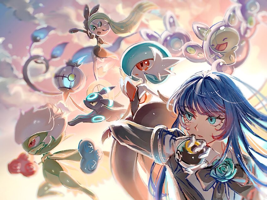 1girl ado_(utaite) alternate_color black_bow black_bowtie black_coat blue_eyes blue_flower blue_hair blue_rose bow bowtie chandelure chando_(ado) coat collared_shirt colored_inner_hair crossover dress_shirt flower gardevoir gen_2_pokemon gen_3_pokemon gen_4_pokemon gen_5_pokemon gloves highres legendary_pokemon mega_gardevoir mega_pokemon meloetta mole mole_under_eye moon_ball multicolored_hair mythical_pokemon nintendo no_feet poke_ball pokemon reuniclus rose roserade shiny_pokemon shirt two-tone_hair umbreon uoy69995 utaite white_gloves