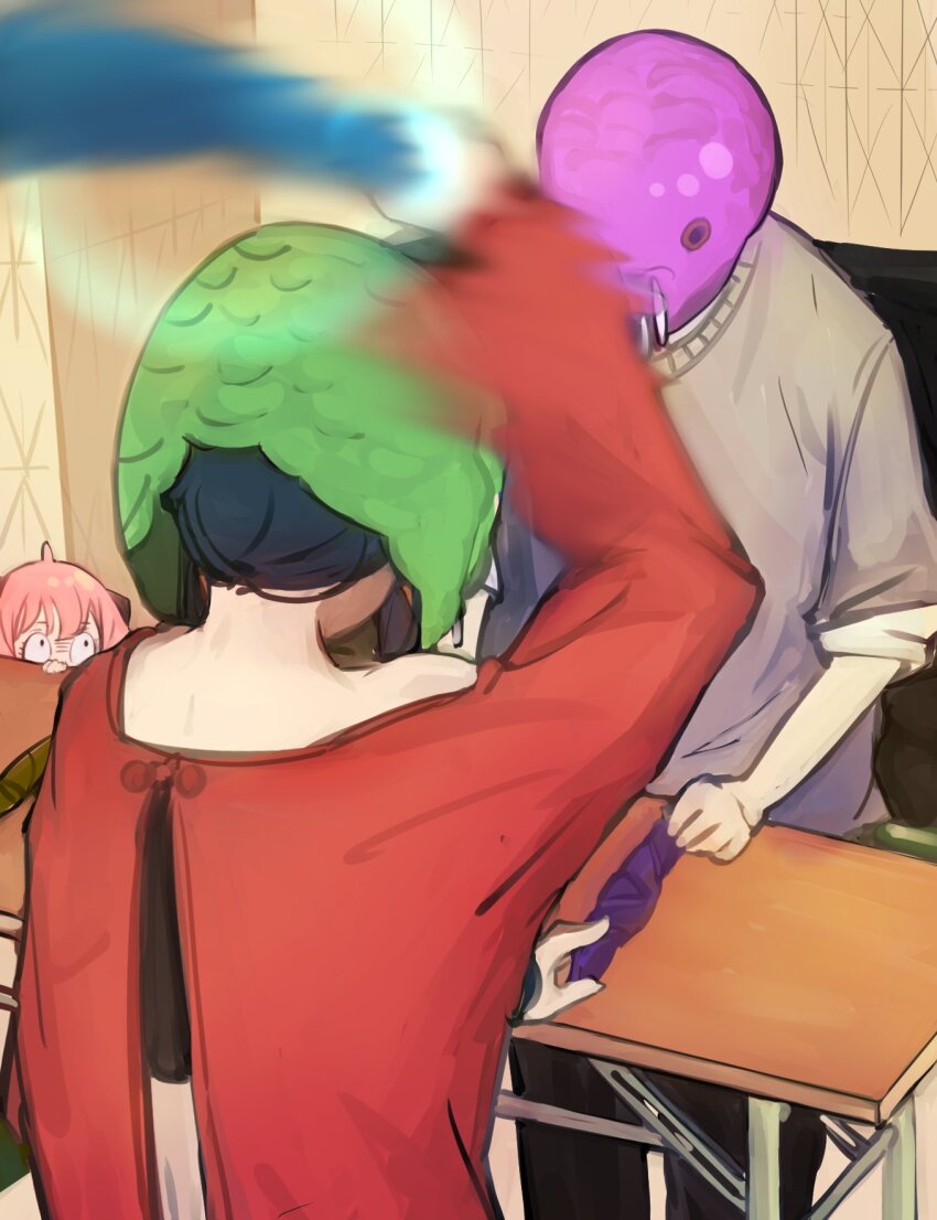 anya_(spy_x_family) black_hair folding_table from_behind higemu highres indoors long_sleeves looking_at_another mask motion_blur parody pink_hair pool_noodle red_sweater spy_x_family standing sweater table towel twilight_(spy_x_family) upper_body yor_briar