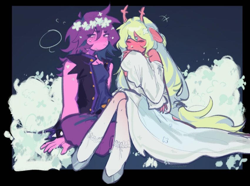 +++ 2girls animal_ears antlers black_shirt black_vest blank_speech_bubble blonde_hair blush closed_eyes colored_skin commentary deer_antlers deer_ears deer_girl deltarune dress english_commentary flower flying_sweatdrops furry furry_female grey_shoes head_wreath horns long_hair looking_to_the_side mishytato multiple_girls noelle_holiday pants pantyhose purple_pants purple_skin shirt shoes signature sitting speech_bubble susie_(deltarune) very_long_hair vest white_dress white_flower white_pantyhose
