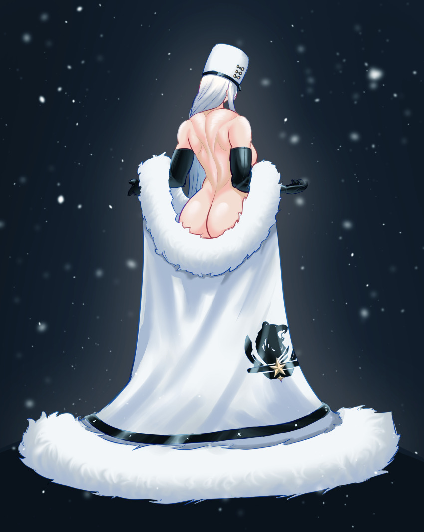 1girl absurdres ass azur_lane coat coat_dress dress from_behind fur-trimmed_coat fur_trim hat highres military_hat northern_parliament_(emblem) nude parttimetoast snowing solo sovetskaya_rossiya_(azur_lane) undressing white_coat white_hair