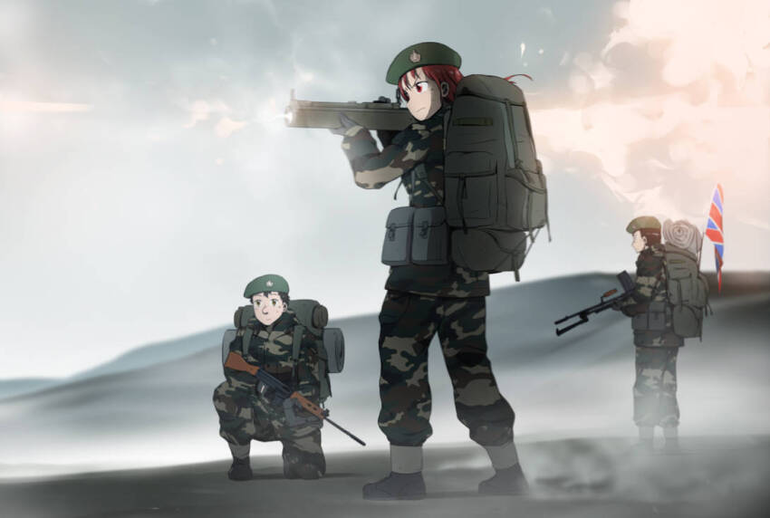 1girl 2boys aiming ammunition_pouch backpack bag battle_rifle beret boots bren_lmg british_army british_flag brown_eyes brown_hair camouflage falklands_war flag fn_fal gun hat hill holding holding_gun holding_weapon light_machine_gun long_hair m72_law machine_gun military military_uniform mrxinom multiple_boys original pouch red_eyes red_hair rifle short_hair united_kingdom weapon