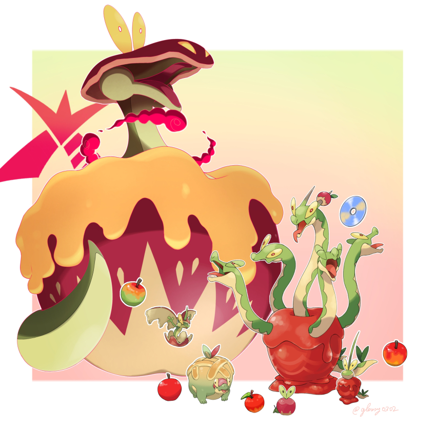 apple appletun applin artist_name border bright_pupils dipplin dynamax evolutionary_line flapple flying food fruit gen_8_pokemon gigantamax gigantamax_flapple/appletun glassy0302 green_eyes highres hydrapple multiple_heads nintendo no_humans open_mouth outline outside_border pink_background pokemon pokemon_(creature) simple_background twitter_username white_border white_outline white_pupils yellow_eyes