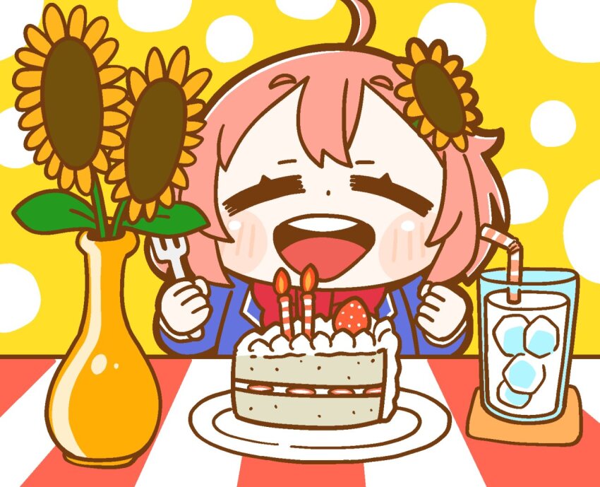1girl :d ^_^ ahoge bendy_straw bkub blue_jacket blush bow bowtie cake cake_slice candle chibi chibi_only closed_eyes cup double-parted_bangs drink drinking_straw flower food fork hair_flower hair_ornament holding holding_fork honma_himawari honma_himawari_(1st_costume) jacket long_sleeves nijisanji open_clothes open_jacket open_mouth pink_hair plant plate polka_dot polka_dot_background potted_plant red_bow red_bowtie round_teeth school_uniform short_hair smile solo strawberry_cake sunflower sunflower_hair_ornament teeth upper_teeth_only virtual_youtuber yellow_flower