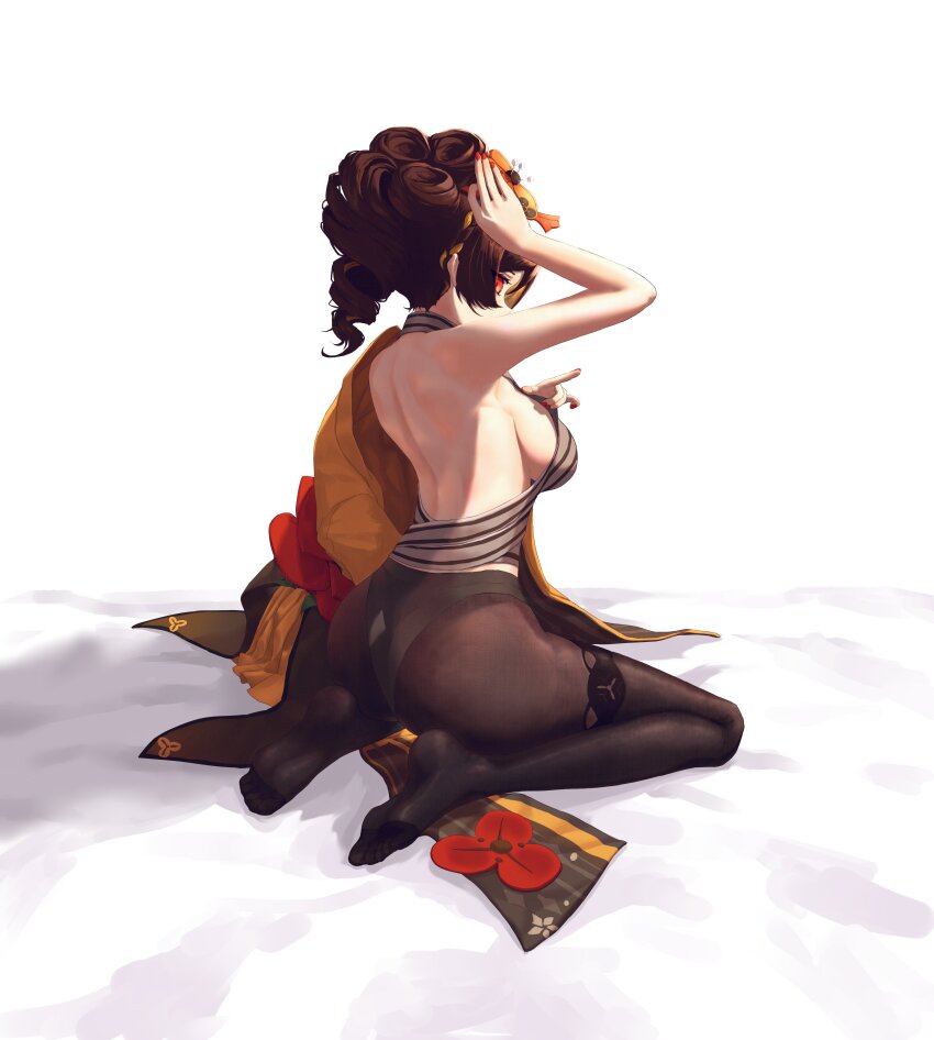 absurdres back breasts brown_hair chiori_(genshin_impact) back facing_away feet flower flowers_in_hair genshin_impact hair_flower hair_ornament highres japanese_clothes kimono long_sleeves medium_breasts ornate_clothes pantyhose red_eyes sideboob