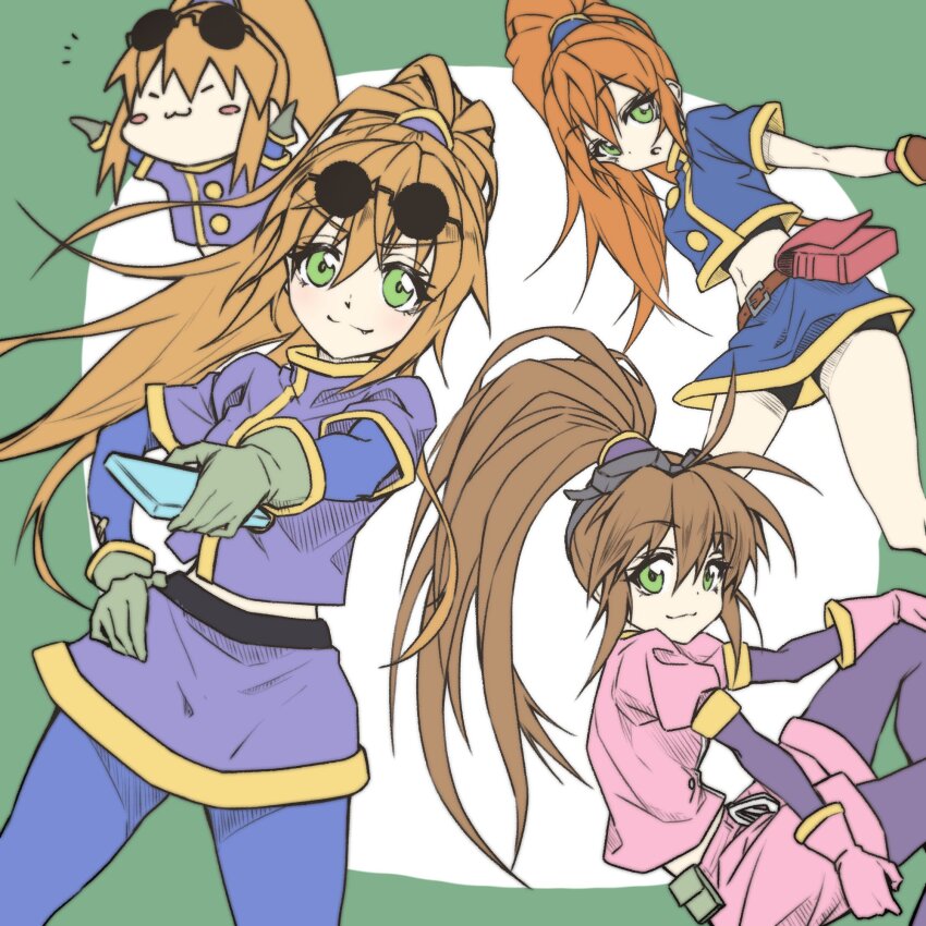 1girl belt brown_hair closed_mouth eyewear_on_head gloves green_eyes highres kakko_madoka long_hair looking_at_viewer multiple_persona navel open_mouth pantyhose ponytail precis_neumann skirt smile solo star_ocean star_ocean_blue_sphere star_ocean_ex star_ocean_the_second_story