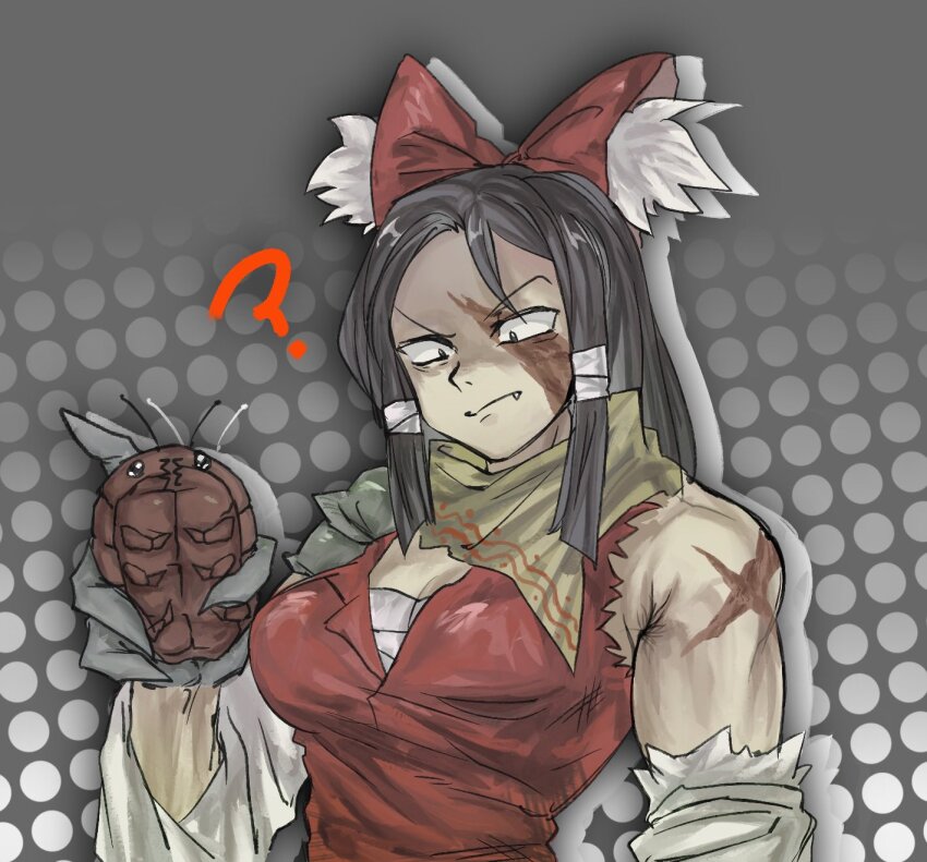 1girl ? armor big_roach_(cookie) black_eyes black_hair bow breasts brown_bandana bug burn_scar closed_mouth cockroach commentary cookie_(touhou) detached_sleeves fang fang_out gloves goushen0309 grey_background grey_gloves hair_bow hair_tubes hakurei_reimu highres insect long_hair medium_breasts pauldrons red_bow red_shirt sarashi scar scar_across_eye scar_on_face scar_on_shoulder shirt shoulder_armor sidelocks single_pauldron sleeveless sleeveless_shirt solo touhou upper_body v-shaped_eyebrows white_sleeves yuki_haruka
