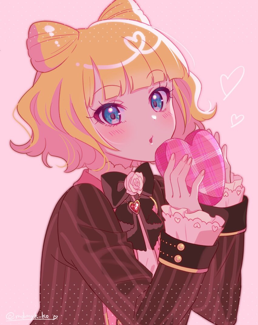 1girl blonde_hair blue_eyes blunt_bangs box brown_jacket cone_hair_bun double_bun flower gift hair_bun hands_up heart-shaped_box highres holding holding_gift jacket long_sleeves looking_at_viewer mendamen minami_mirei open_mouth pink_background pretty_series pripara rose shirt short_hair simple_background solo twitter_username upper_body valentine white_flower white_rose white_shirt