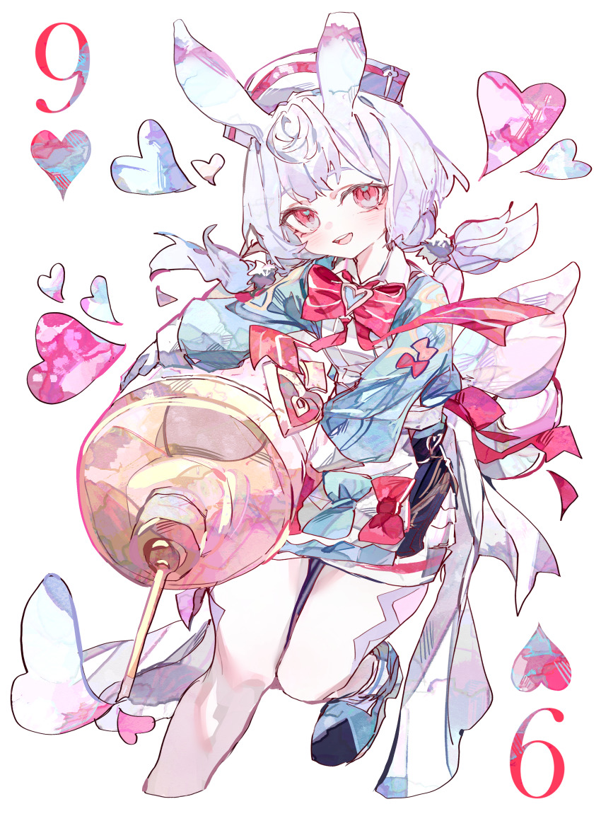 1girl absurdres animal_ears aqua_dress bow bowtie card cocoballking commentary dress foot_out_of_frame genshin_impact hat heart highres holding holding_syringe long_hair long_sleeves looking_at_viewer low_twintails nine_of_hearts nurse_cap open_mouth oversized_object playing_card purple_hair red_bow red_bowtie red_eyes sigewinne_(genshin_impact) solo syringe teeth twintails upper_teeth_only white_hat