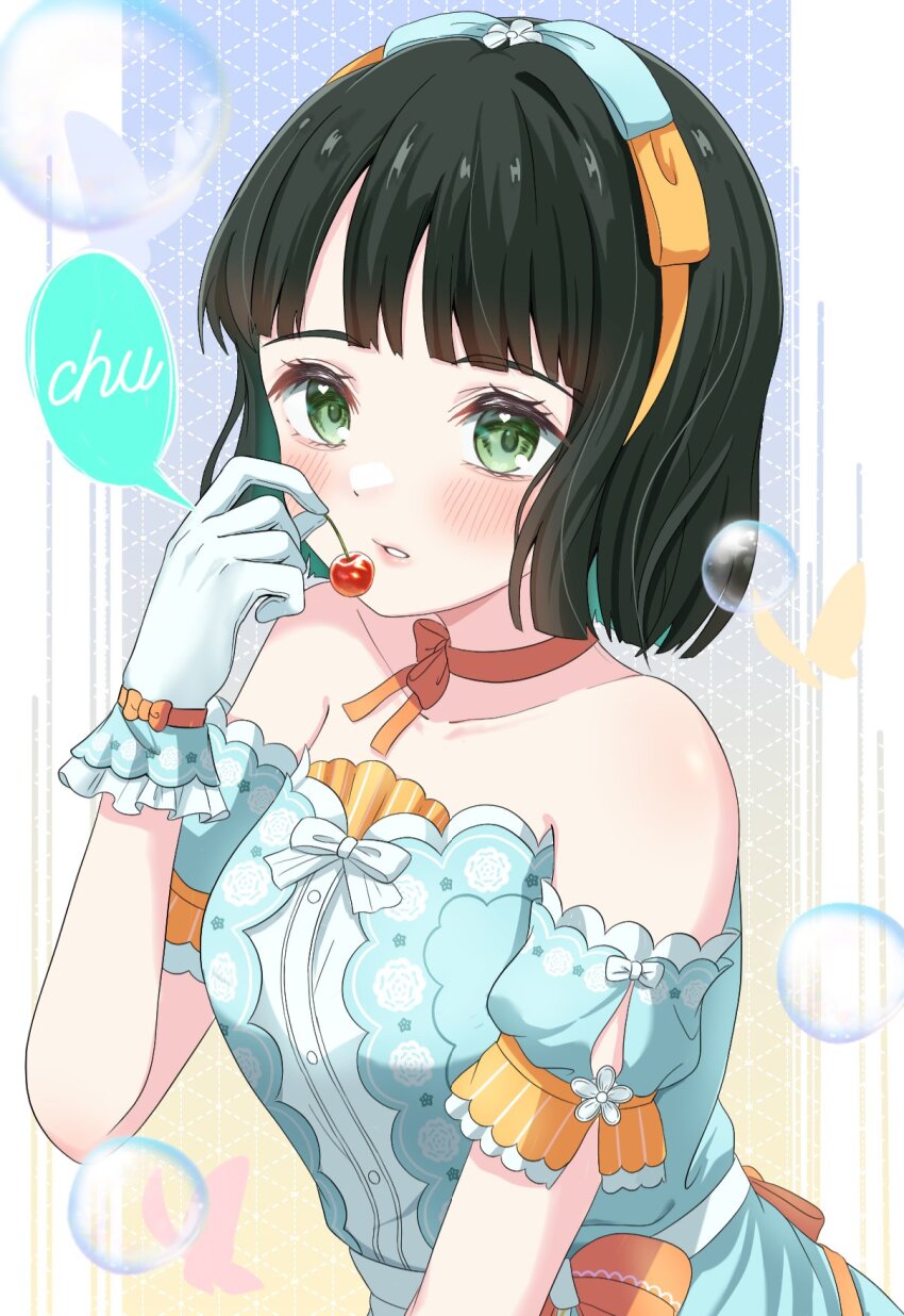 1girl armpit_crease bare_shoulders black_hair blue_background blue_dress blue_ribbon blunt_bangs blunt_ends blush bob_cut bow_hairband celebration!_(love_live!) choker colored_speech_bubble commentary_request detached_sleeves dress gradient_background green_eyes hair_ribbon hairband highres holding_cherry katanashi_(ktnsh_popu) link!_like!_love_live! looking_at_viewer love_live! momose_ginko official_alternate_costume orange_choker orange_hairband orange_ribbon parted_lips puffy_short_sleeves puffy_sleeves ribbon ribbon_choker romaji_text short_hair short_sleeves solo speech_bubble strapless strapless_dress upper_body virtual_youtuber yellow_background