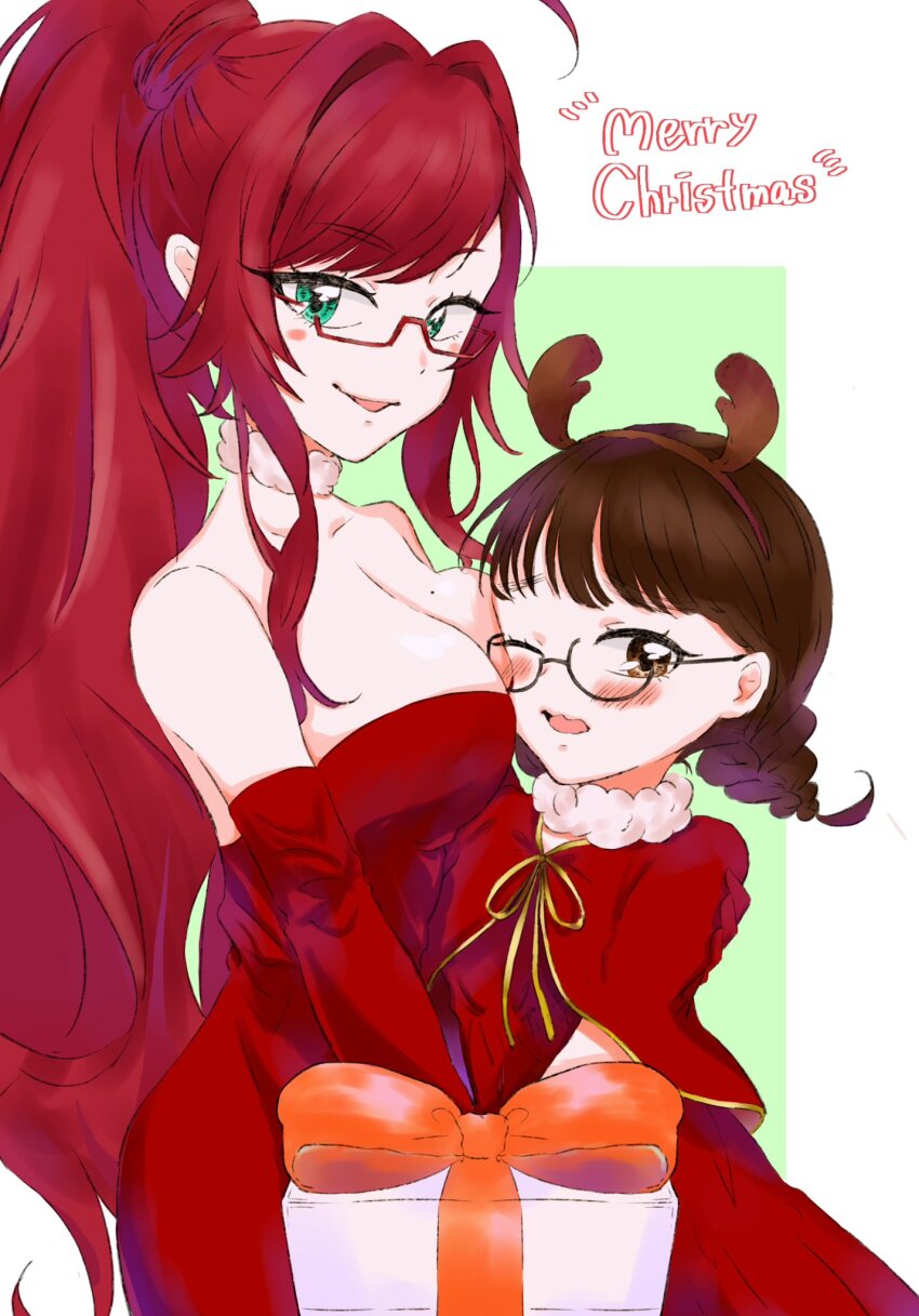 2girls antlers blush braid breast_press breasts brown_eyes brown_hair capelet dress elbow_gloves fur_choker gift gloves green_eyes hair_intakes hand_on_another&#039;s_arm high_ponytail highres horns iin_chiyo kikka_1003 kimi_no_koto_ga_dai_dai_dai_dai_daisuki_na_100-nin_no_kanojo large_breasts long_hair low_twin_braids merry_christmas mole mole_on_breast multiple_girls ponytail red_capelet red_dress red_gloves red_hair reindeer_antlers semi-rimless_eyewear smile strapless strapless_dress twin_braids very_long_hair yakuzen_kusuri yakuzen_kusuri_(older)