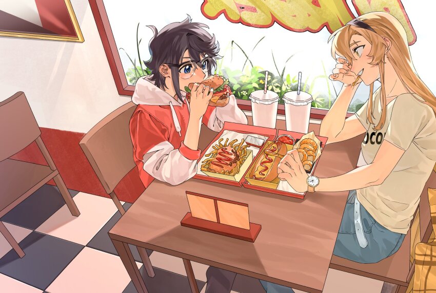 2girls black_hair black_headband blonde_hair blue_eyes burger chair cup denim disposable_cup drinking_straw eating food french_fries glasses headband highres holding holding_burger holding_food hood hood_down hooded_jacket hot_dog jacket jeans jiguang_haibao koishikawa_iko long_sleeves messy_hair momijiyama_teru multiple_girls on_chair pants pretzel red_jacket restaurant scar scar_across_eyebrow scar_on_face semi-rimless_eyewear shirt short_hair shy_(series) sitting table watch white_shirt wooden_chair wooden_table wristwatch yellow_eyes