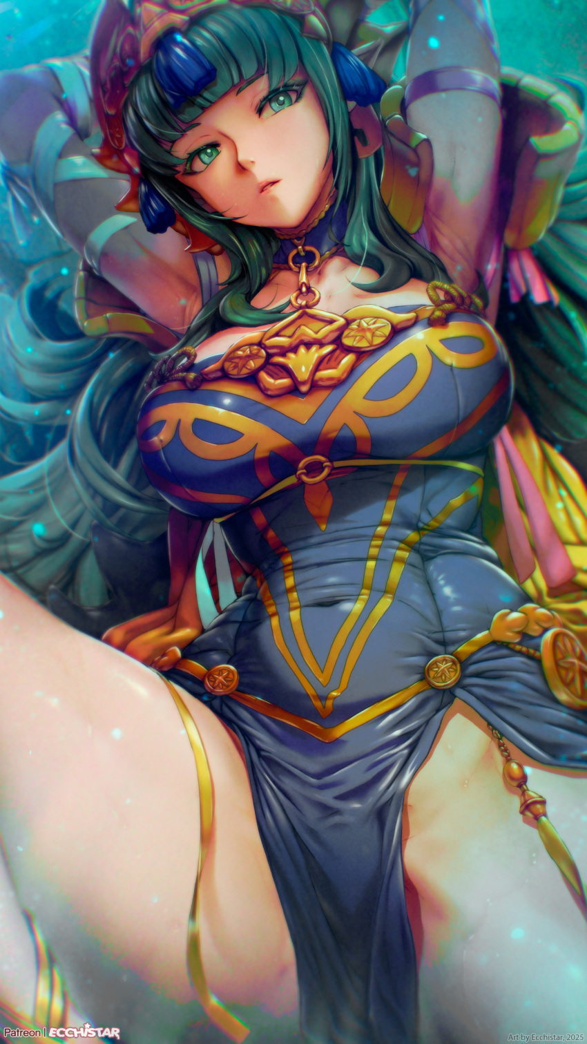 1girl absurdres armpits arms_behind_head arms_up breasts covered_navel cutepet female_focus fire_emblem fire_emblem:_fortune&#039;s_weave fire_emblem:_three_houses green_eyes green_hair highres large_breasts long_hair looking_at_viewer matching_hair/eyes nintendo pelvic_curtain pointy_ears solo sothis_(adult)_(fire_emblem) sothis_(fire_emblem) thick_thighs thighs