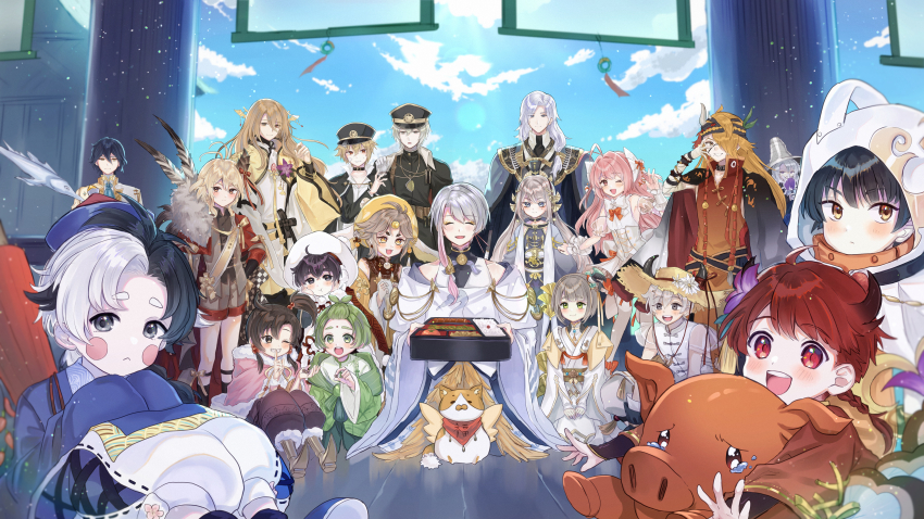 6+boys :&lt; :d :i ;d ^_^ absurdres ahoge androgynous animal animal_ears animal_hug antenna_hair ascot bamboo_shoot bandaged_arm bandages bangs_pinned_back belt belt_collar bento beret bird_hair_ornament black_cape black_collar black_eyes black_gloves black_hair black_hat black_headband black_jacket black_robe black_shirt black_socks blonde_hair blue_ascot blue_eyes blue_footwear blue_hat blue_robe blush blush_stickers bow bowtie bracelet braid brown_belt brown_footwear brown_hair brown_pants buddha&#039;s_temptation_(the_tale_of_food) candied_ginkgo_nut_(the_tale_of_food) candied_hawthorn_(the_tale_of_food) candy cape capelet cat changpao checkered_clothes chinese_clothes cloak closed_eyes closed_mouth closed_umbrella cloud coat collar collared_shirt corsage covering_own_mouth crab-roe_soup_bun_(the_tale_of_food) day detached_sleeves dezhou_chicken_(the_tale_of_food) double-boiled_milk_(the_tale_of_food) double-parted_bangs dress eight_immortals_(the_tale_of_food) facial_mark facing_viewer fake_horns fangs feather_trim feet_out_of_frame finger_to_mouth flower food food-themed_hair_ornament forehead_jewel forehead_mark fuli_chicken_(the_tale_of_food) full_body fur-trimmed_cape fur-trimmed_capelet fur_trim gauze ginkgo_leaf gloves gold_chicken_shred_(the_tale_of_food) gradient_clothes gradient_hair green_eyes green_hair green_jacket green_pants grey_coat grey_hair grey_jacket grey_robe grey_shorts grin hair_between_eyes hair_bobbles hair_bow hair_horns hair_ornament hair_over_one_eye hair_ribbon hair_stick halterneck hand_fan hand_on_own_hip hand_over_eye hand_up hands_on_own_cheeks hands_on_own_face hanfu har-gow_(the_tale_of_food) harbin_fried_pork_(the_tale_of_food) hat hat_flower headband heterochromia highres holding holding_bento holding_candy holding_fan holding_food honey_char-siu_(the_tale_of_food) hood hood_up horned_headwear horns hu-geng_(the_tale_of_food) jacket jewelry katou_kuroko kneeling knees_up layered_sleeves leaf leaf_hair_ornament legwear_garter light_particles long_bangs long_hair long_sleeves looking_at_another looking_at_viewer low-tied_long_hair low_ponytail lu_wu_(the_tale_of_food) male_focus mandarin_collar mole mole_under_eye mole_under_mouth moon_cake_(the_tale_of_food) mugwort_riceball_(the_tale_of_food) multicolored_hair multiple_boys oil-paper_umbrella on_floor one_eye_closed one_side_up open_clothes open_jacket open_mouth orange_eyes orange_hair orange_robe pants parted_bangs parted_lips peaked_cap pendant pig pillar pillbox_hat pink_capelet pink_eyes pink_hair pointy_footwear pom_pom_(clothes) ponytail popped_collar puffy_detached_sleeves puffy_pants puffy_sleeves purple_flower rabbit_ears red_cape red_eyes red_hair red_jacket red_ribbon ribbon robe sash see-through_clothes see-through_sleeves seiza shirt short_hair short_sleeves shorts shoulder_sash shushing sideways_glance single_braid single_sidelock sitting sleeveless sleeveless_dress sleeveless_shirt sleeves_past_fingers sleeves_past_wrists smile socks split-color_hair spring_roll_(the_tale_of_food) standing star_(symbol) star_in_eye stinky_perch_(the_tale_of_food) straw_hat suckling_pig_roast_(the_tale_of_food) sweatdrop swept_bangs symbol_in_eye taichi_taro_paste_(the_tale_of_food) tangyuan_(the_tale_of_food) tangzhuang tears teeth the_tale_of_food trap two_side_up umbrella untucked_shirt upper_teeth_only white_bow white_bowtie white_cloak white_gloves white_hair white_hat white_hood white_pants white_robe white_shirt wide_sleeves wing_hair_ornament wrist_cuffs yellow_eyes yellow_hat yellow_jacket yellow_ribbon yellow_sash yellow_sleeves