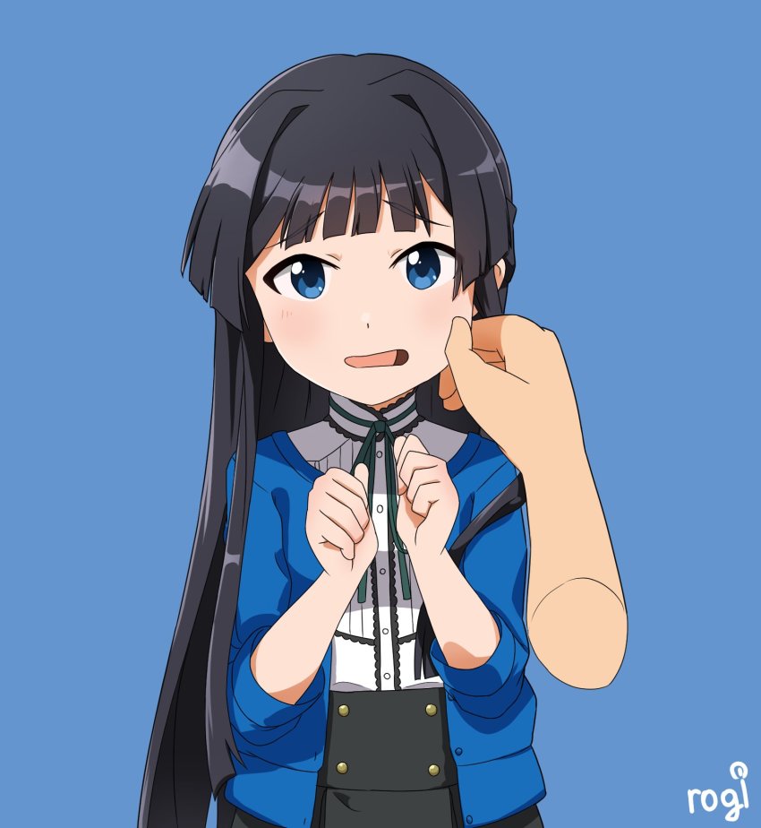 1girl black_hair black_skirt blue_background blue_cardigan blue_eyes buttons cardigan cheek_pinching clenched_hands commentary cropped_arms dot_nose green_ribbon hands_up highres idolmaster idolmaster_million_live! idolmaster_million_live!_theater_days light_blush long_hair long_sleeves looking_at_viewer mogami_shizuka open_mouth pinching ribbon rogi0615 shirt skirt solo upper_body white_shirt
