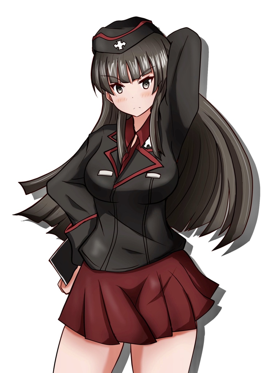 1girl aged_down arm_behind_head arm_up black_eyes black_hair black_hat black_jacket blunt_bangs clipboard closed_mouth commentary dress_shirt frown garrison_cap girls_und_panzer hand_on_own_hip hat highres holding holding_clipboard insignia jacket kuromorimine_military_uniform long_hair long_sleeves looking_at_viewer meiya military military_hat military_uniform miniskirt nishizumi_shiho pleated_skirt red_shirt red_skirt shadow shirt simple_background skirt solo standing straight_hair textless_version white_background wing_collar