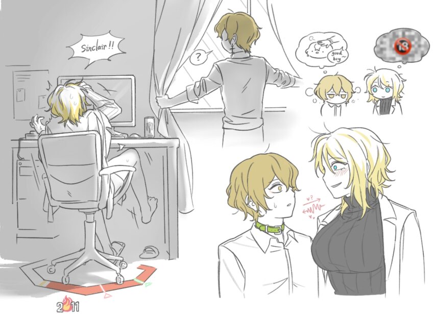 1boy 1girl bare_legs black_sweater blonde_hair blush breasts censored coat collared_shirt computer computer_keyboard computer_mouse cross cross_earrings day earrings faust_(project_moon) fire gameplay_mechanics highres indoors jewelry lab_coat lapels large_breasts limbus_company monitor mosaic_censoring multicolored_hair n_corp._fanatic_(identity)_(project_moon) nail_(hardware) notched_lapels ohzv open_mouth opening_curtains petting project_moon ribbed_sweater shirt short_hair sidelocks simple_background sinclair_(project_moon) smile speech_bubble streaked_hair sunlight sweat sweater thought_bubble upper_body white_background white_coat white_hair white_shirt