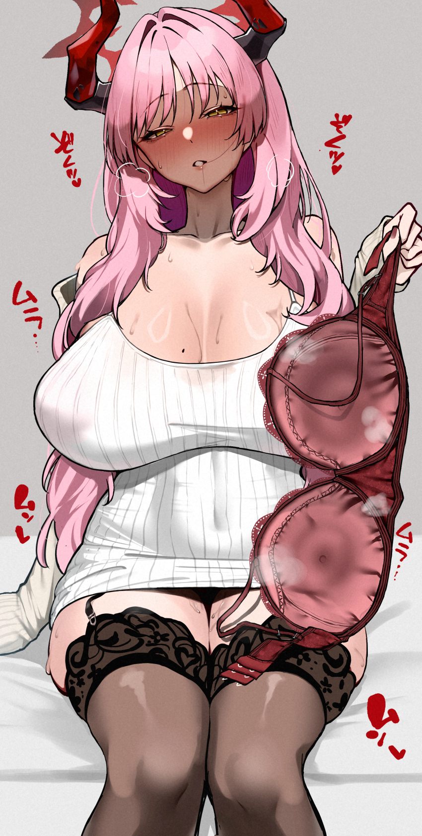 1girl absurdres bare_shoulders black_thighhighs blue_archive blush bra breasts cleavage feet_out_of_frame grey_background half-closed_eyes halo highres holding holding_bra holding_underwear holding_unworn_clothes horns huge_breasts long_hair looking_at_viewer mole mole_on_breast off_shoulder parted_lips pink_hair presenting_bra red_bra red_halo red_horns satsuki_(blue_archive) simple_background sitting skysign_ft solo sweat thighhighs thighs underwear unworn_bra yellow_eyes