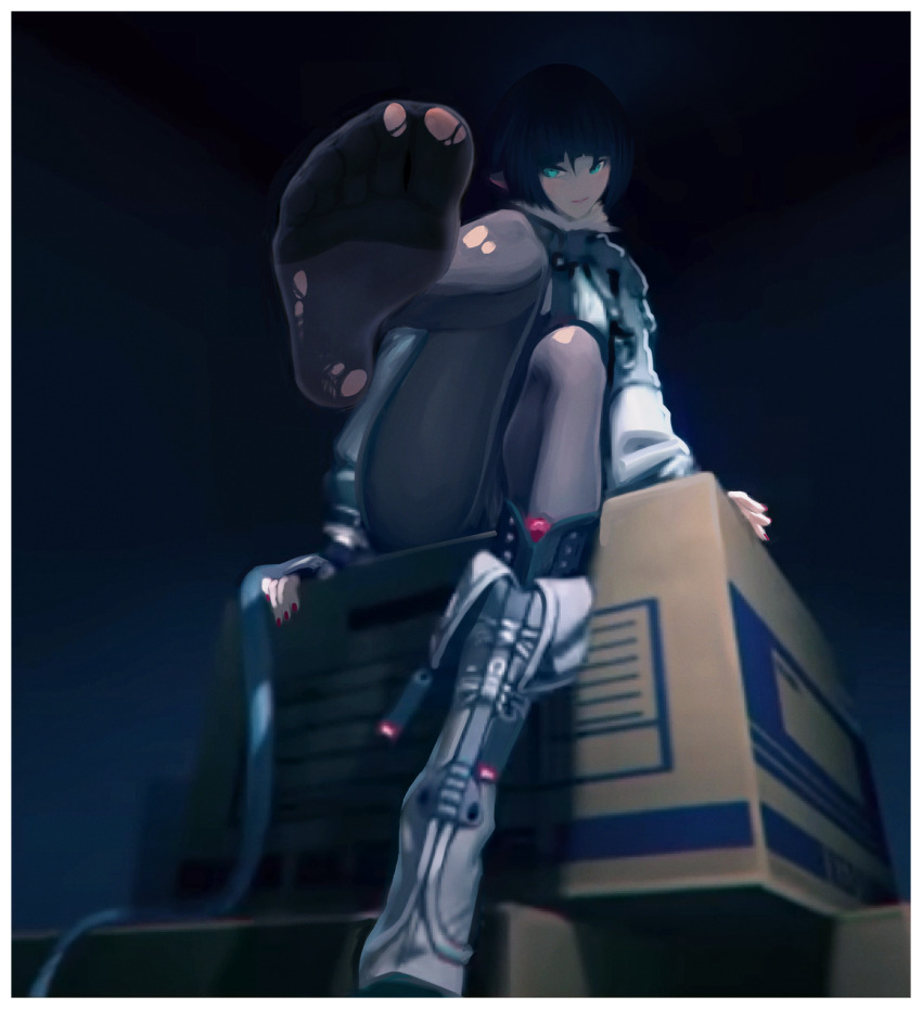 1girl animal_ears black_hair blue_eyes boots feet highres jane_doe_(zenless_zone_zero) looking_at_viewer medium_hair pantyhose puffypinkpaws shoes single_shoe sitting soles tail toes torn_clothes torn_pantyhose zenless_zone_zero