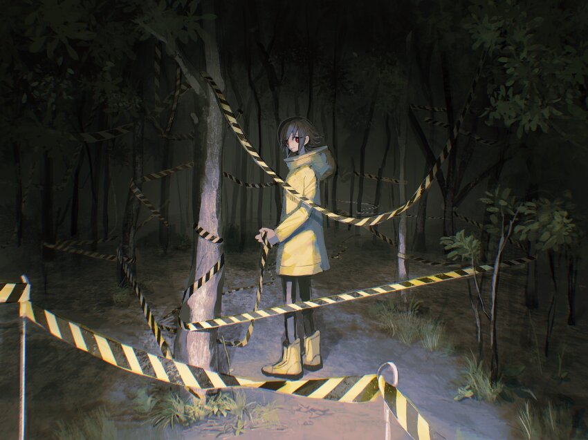 1girl boots brown_hair caution_tape coat commentary dark forest from_side grass hair_between_eyes highres holding_tape hood horror_(theme) izunayasan looking_at_viewer looking_back nature night original outdoors path red_eyes road scenery short_hair smile solo standing tree yellow_boots yellow_coat yellow_theme
