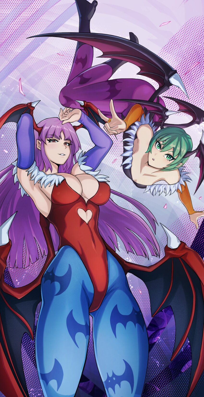 2girls absurdres alex_dos_diaz alternate_color animal_print bare_shoulders bat_print bat_wings black_leotard blue_pantyhose breasts bridal_gauntlets capcom cleavage clothing_cutout darkstalkers demon_girl flat_chest fur-trimmed_leotard fur_trim green_eyes green_hair head_wings heart_cutout highleg highleg_leotard highres large_breasts leotard lilith_(darkstalkers) long_hair looking_at_viewer morrigan_aensland multiple_girls off-shoulder_leotard pantyhose print_pantyhose purple_hair purple_pantyhose purple_wings red_eyes red_leotard short_hair smile wings