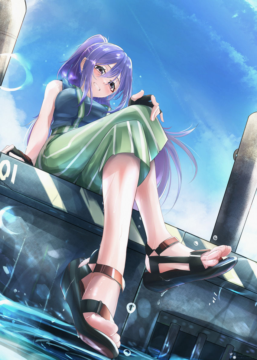 1girl absurdres blush crossed_legs feet grin highres long_hair looking_at_viewer love_live! love_live!_sunshine!! matsuura_kanan ponytail purple_eyes purple_hair sandals smile the_raineman toes