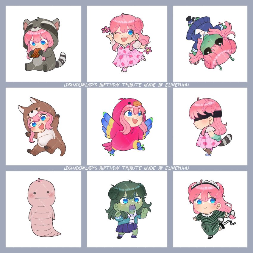 6+girls afterlife_smp ahoge alien animal_ears animification antennae bird_costume bird_tail blindfold blue_eyes blue_serafuku border chibi chibi_only colored_skin commentary cosplay double_bun dress eating elineyuhu english_commentary fake_animal_ears fake_tail flower food green_skin grey_border hair_bun highres holding holding_food hood hood_up kangaroo_costume kangaroo_ears kangaroo_tail kigurumi ldshadowlady ldshadowlady_(birb) ldshadowlady_(crawler) ldshadowlady_(enigma) ldshadowlady_(floran) ldshadowlady_(goolien) ldshadowlady_(kangaroo) ldshadowlady_(phantom) ldshadowlady_(raccoon) ldshadowlady_(zombie) long_hair minecraft minecraft_youtube multiple_girls multiple_persona one_eye_closed open_mouth pink_dress pink_hair raccoon_costume raccoon_ears raccoon_tail rotten_flesh school_uniform serafuku tail victorian watermark white_background worm zombie
