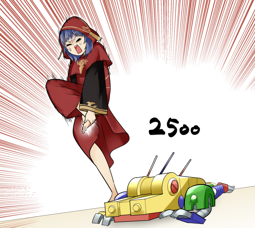 1girl 1other barefoot block_dragon blue_hair closed_eyes duel_monster emphasis_lines full_body gameplay_mechanics highres holding_feet hood injury leg_up lo_the_prayers_of_the_voiceless_voice on_floor red_robe robe sawan_cutman screaming tearing_up toy_block yu-gi-oh!