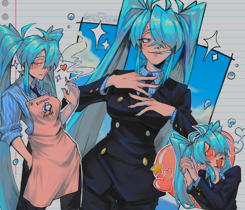 1girl absurdres ahoge apron aqua_hair artist_name black_necktie black_suit blue_eyes blue_shirt breasts cigarette collared_shirt cosplay cowboy_shot fingernails formal_clothes hair_over_one_eye hand_in_pocket hatsune_miku heart highres holding holding_cigarette long_fingernails long_hair looking_at_viewer medium_breasts necktie one_piece open_mouth own_hands_together pink_apron sainttufa sanji_(one_piece) sanji_(one_piece)_(cosplay) shirt smile smoking star_(symbol) striped_clothes striped_shirt suit variations vertical-striped_clothes vertical-striped_shirt vocaloid water_drop