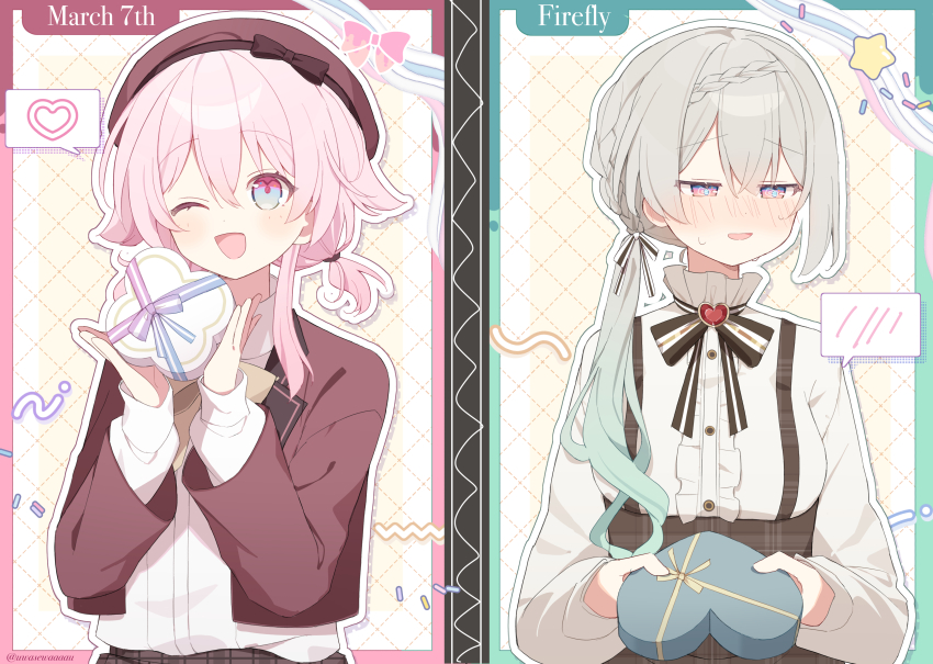 2girls absurdres alternate_costume blue_eyes box casual character_name commentary_request firefly_(honkai:_star_rail) gradient_hair green_hair grey_hair heart-shaped_box highres honkai:_star_rail honkai_(series) long_hair march_7th_(honkai:_star_rail) multicolored_eyes multicolored_hair multiple_girls one_eye_closed pink_eyes pink_hair pink_pupils smile two-tone_eyes uwasewau valentine