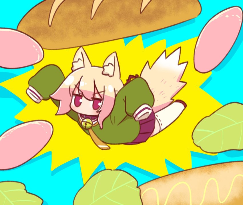 1girl animal_ear_fluff animal_ears aqua_background arms_up bell bursting chibi food fox_ears fox_girl jingle_bell jitome kemomimi-chan_(naga_u) lettuce long_sleeves looking_at_viewer mustard naga_u neck_bell original pleated_skirt pokemon pokemon_sv red_eyes red_skirt sandwich shiny_food simple_background skirt sleeves_past_fingers sleeves_past_wrists sliced_meat solo thighhighs