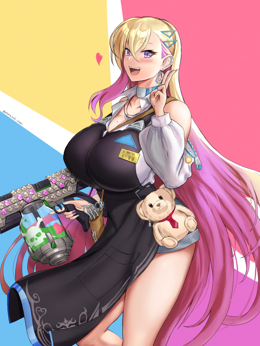 1girl :d apron bare_legs belt_collar black_apron blonde_hair blush boryeon_(last_origin) breasts cleavage collar collarbone colored_inner_hair crossed_bangs detached_sleeves earrings fangs hair_ornament heart highres jewelry large_breasts last_origin long_hair looking_at_viewer mole mole_on_breast multicolored_hair multicolored_nails murasaki_nami nail_polish necklace necktie open_mouth paint_gun puffy_sleeves purple_eyes purple_hair razor razor_blade ringed_eyes skull_and_crossbones slit_pupils smile solo star_(symbol) straight_razor stuffed_animal stuffed_toy teddy_bear triangle_hair_ornament twitter_username two-tone_hair v very_long_hair