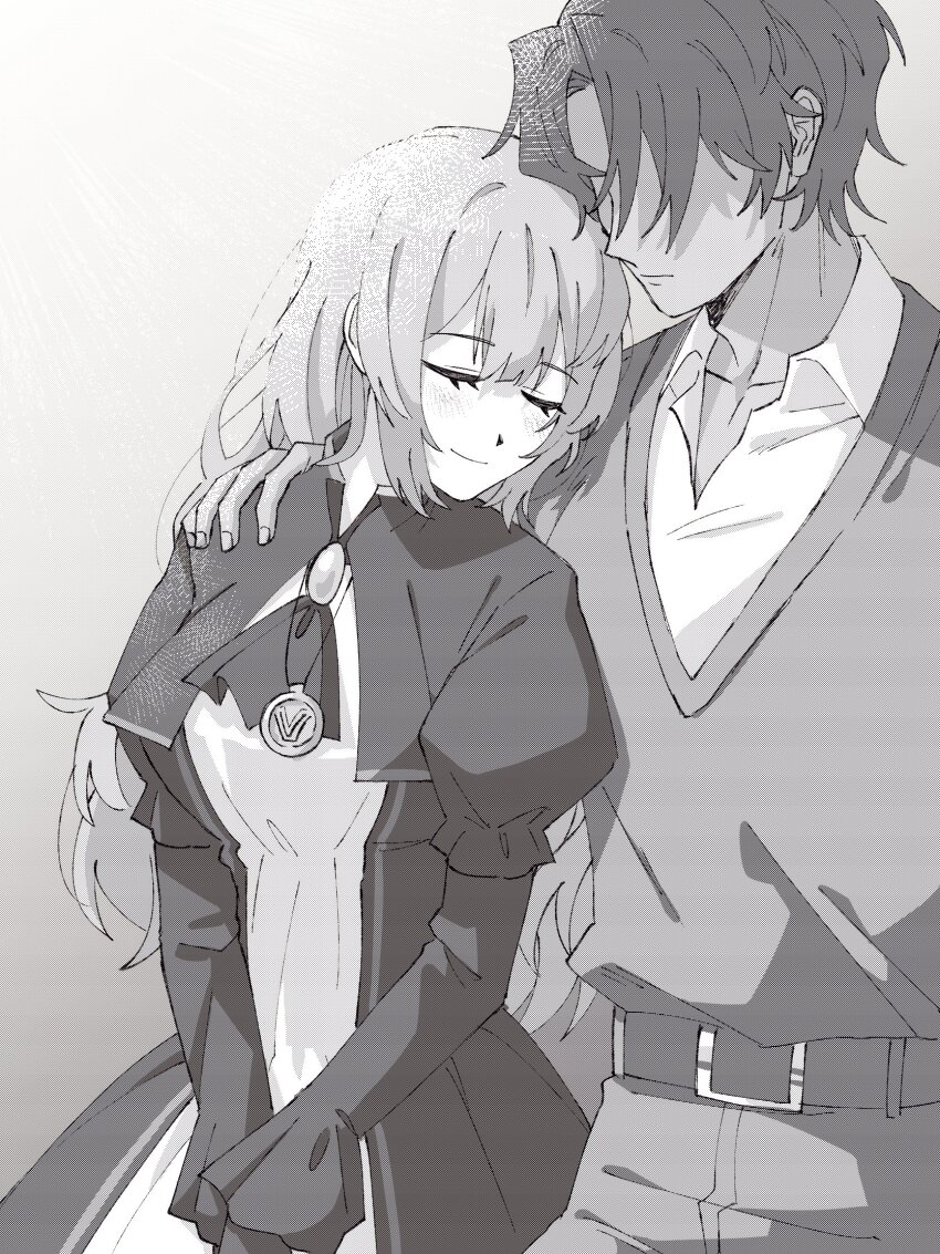 1boy 1girl brooch catherine_(project_moon) closed_eyes closed_mouth collared_shirt dress head_on_another&#039;s_shoulder heathcliff_(project_moon) highres jewelry juliet_sleeves kitaku_(ienikaeru) limbus_company long_sleeves necklace parted_bangs project_moon puffy_sleeves shirt sitting sleeping smile vest