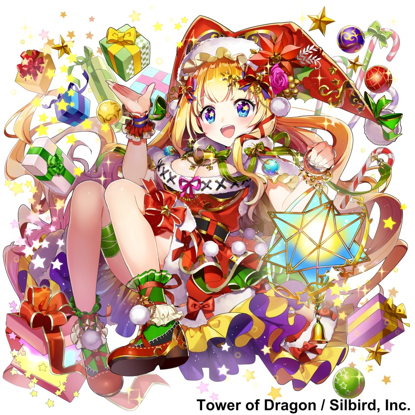 1girl :d absurdres bell blonde_hair blue_eyes bow breasts candy candy_cane capelet cleavage copyright_name dress female_focus floating_hair food full_body fur_trim gift glint green_bow hands_up hat hat_pin highres long_hair looking_at_viewer masyu_yuyu official_art open_mouth pink_ribbon red_capelet red_dress red_hat red_shoes red_skirt ribbon santa_hat shoes simple_background skirt small_stellated_dodecahedron smile solo star_(symbol) symbol_in_eye thigh_strap thighhighs tower_of_dragon very_long_hair watermark white_background wristband