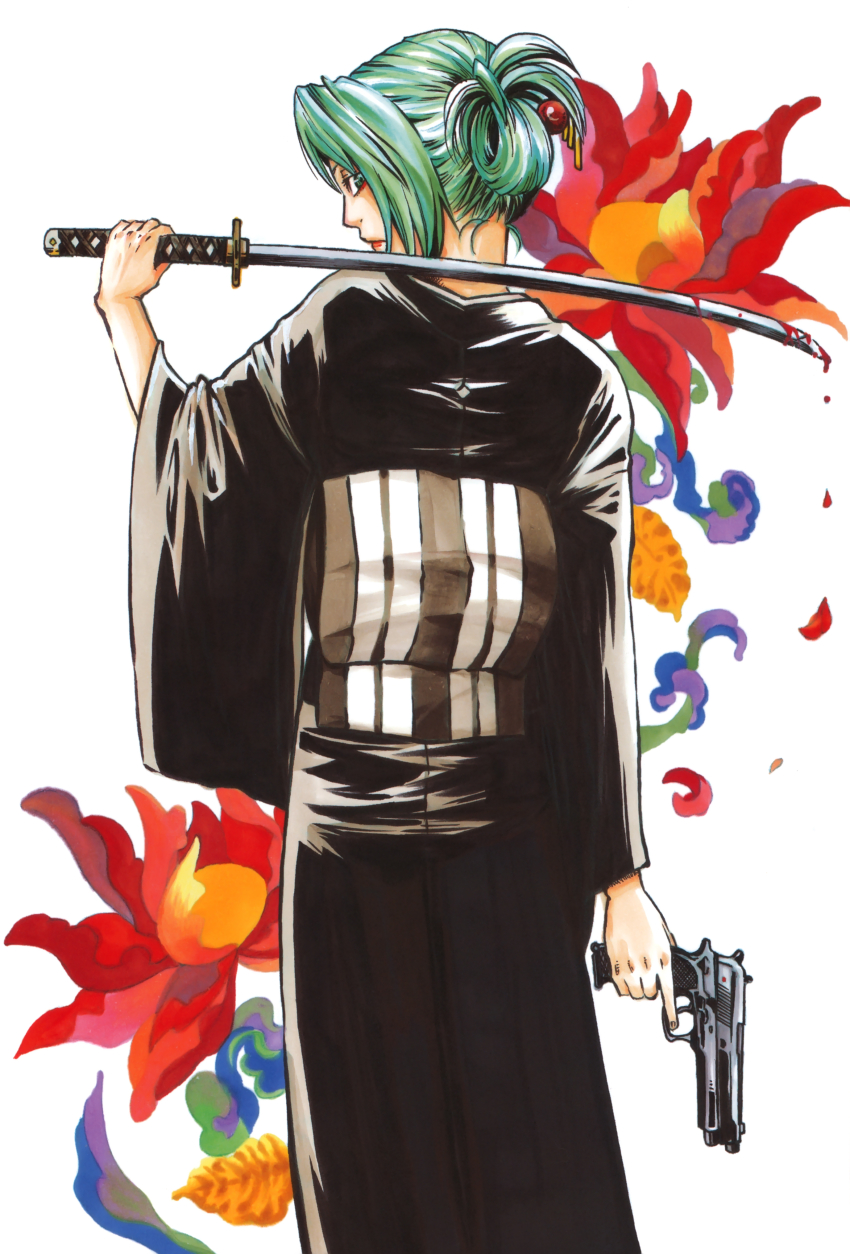 1girl absurdres beretta_92 blood female_focus flower from_behind green_eyes green_hair gun hair_up handgun highres higurashi_no_naku_koro_ni japanese_clothes katana kimono looking_back matching_hair/eyes mimori obi over_shoulder pistol sash scan solo sonozaki_akane sonozaki_shion sword sword_over_shoulder weapon weapon_over_shoulder white_background yoigoshi-hen