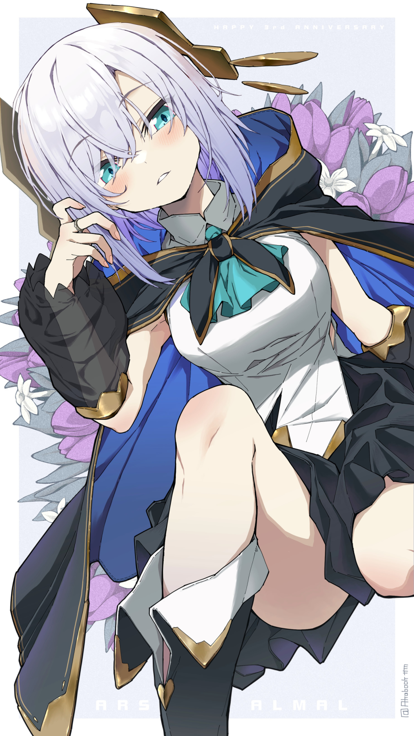 1girl absurdres aqua_ascot arm_up ars_almal ars_almal_(1st_costume) ascot black_boots black_cape black_sleeves blue_ascot blue_eyes blush boots breasts cape cowboy_shot detached_sleeves dutch_angle flower from_above grey_hair hair_between_eyes hair_ornament highres hood hood_down hooded_cape jewelry large_breasts leg_up long_sleeves looking_at_viewer lying nijisanji on_back parted_lips pleated_skirt puffy_long_sleeves puffy_sleeves purple_flower ring see-through_clothes see-through_sleeves shirt short_hair simple_background skirt sleeveless solo tatami_kami thighs virtual_youtuber white_background white_hair white_shirt