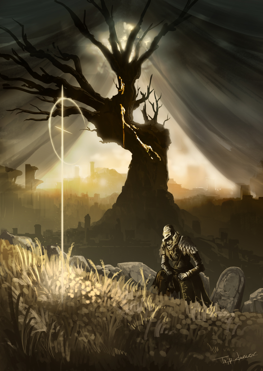 1other ambiguous_gender armor city day elden_ring grass helm helmet highres kneeling outdoors site_of_grace solo tarnished_(elden_ring) tombstone tree tripdancer